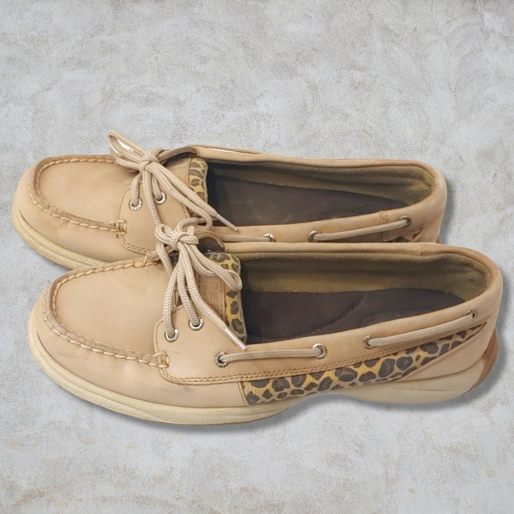 Sperry TopSider 9M Women's Laguna Leather Boat Shoes, Tan/Cheetah 9770116